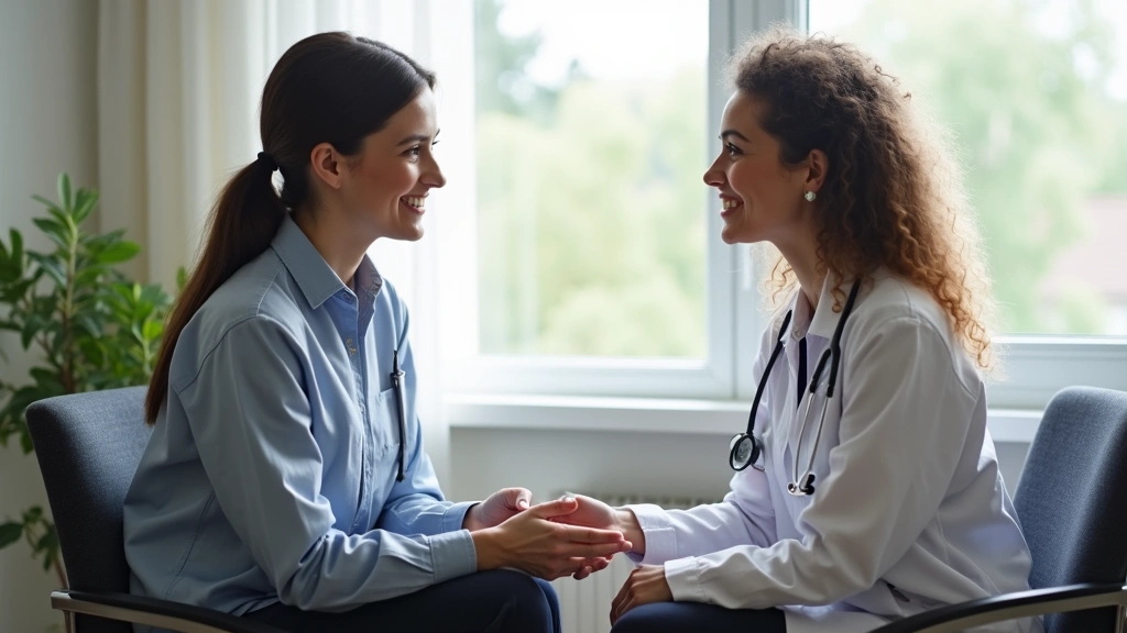 Professional psychiatric nurse conducting intake assessment with patient in modern clinical office, compassionate healthcare setting, natural lighting