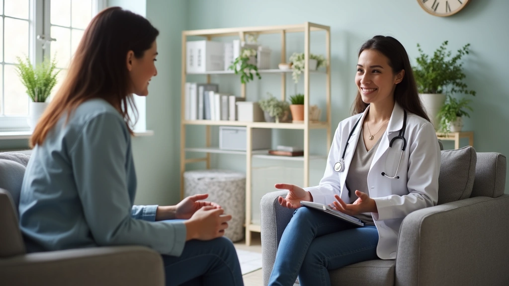 Mental health counselor and patient in therapy session, comfortable outpatient clinic environment, diverse healthcare profess