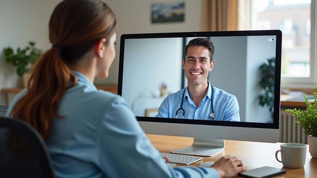 Telehealth psychiatrist consultation on computer screen, patient in home office, virtual mental health care, modern telemedic