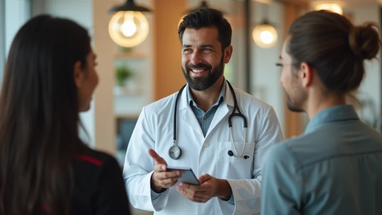 Professional Native American healthcare provider conducting patient consultation in modern clinic setting with warm lighting and welcoming environment