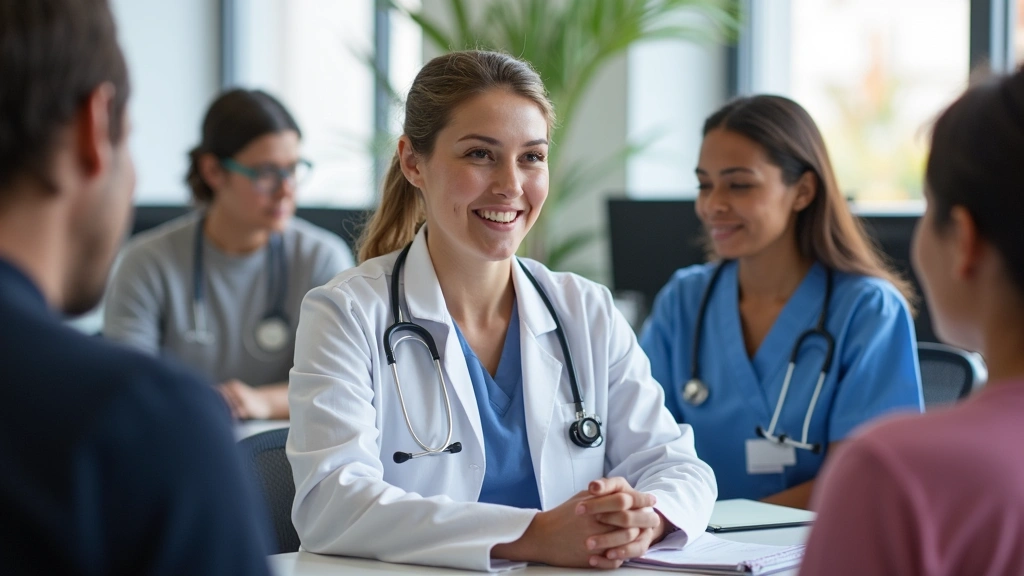 Professional healthcare workers at a San Francisco community health clinic providing patient consultation, diverse staff and patients, modern medical office setting with computer workstations