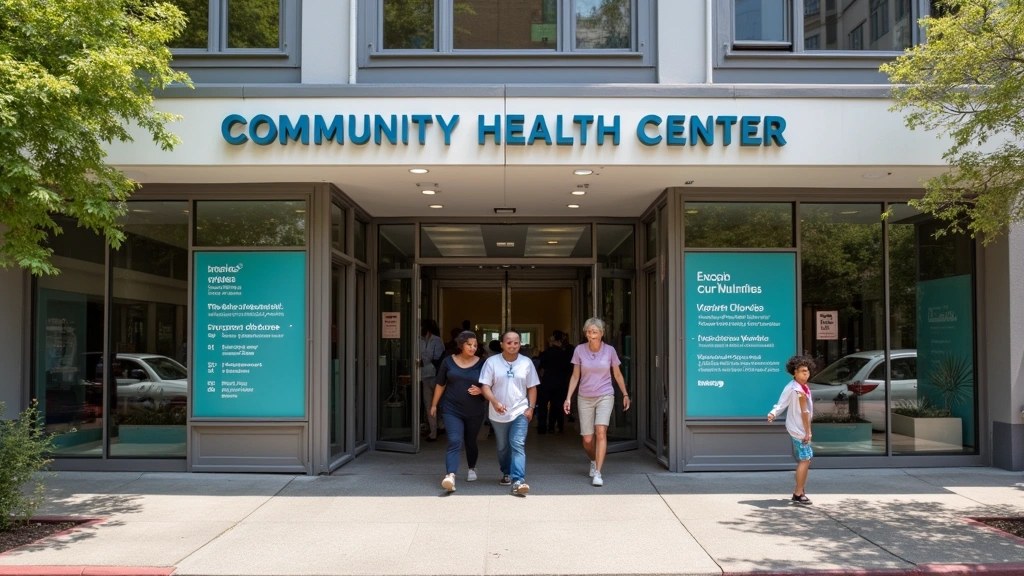 Community health center exterior in San Francisco neighborhood, welcoming entrance with signage, diverse patients entering bu
