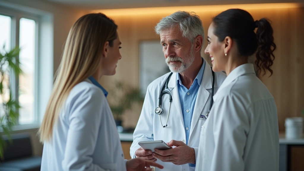 Professional healthcare provider in white coat consulting with diverse patient in modern medical clinic interior, warm lighting, inclusive healthcare setting, no text visible
