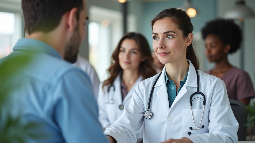 Medical assistant scheduling appointment at clinic reception desk with patient, modern healthcare facility background, profes