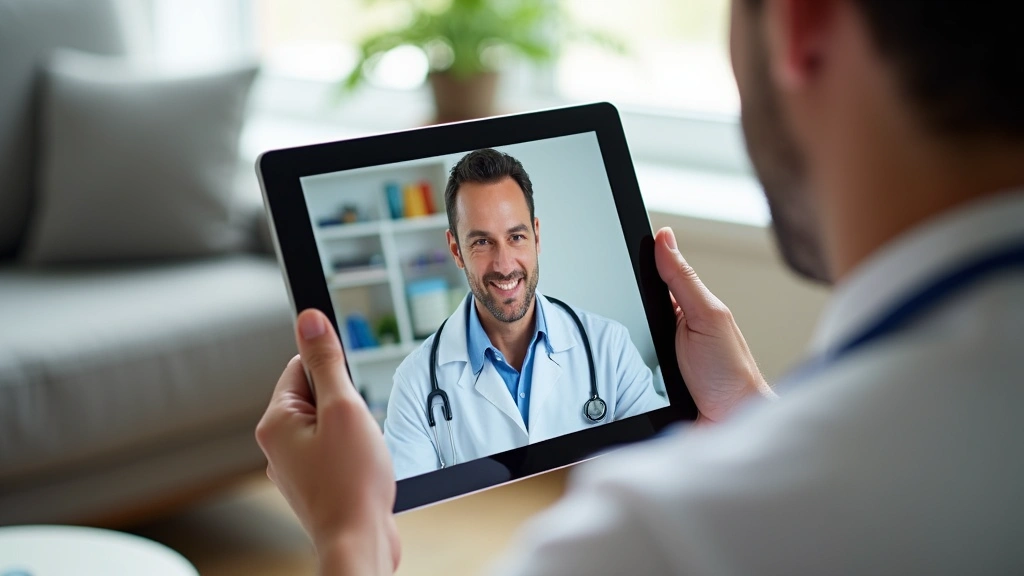 Telehealth video consultation on tablet showing doctor and patient, home healthcare setting, comfortable medical consultation