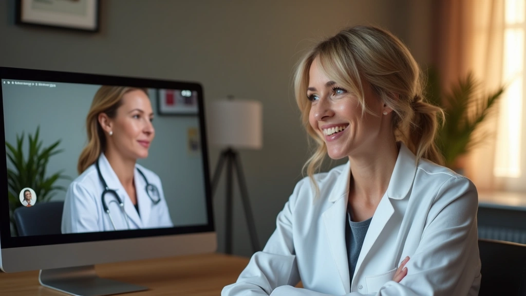 Professional female therapist in modern office conducting virtual therapy session on video call with patient, warm lighting, compassionate expression, contemporary medical setting