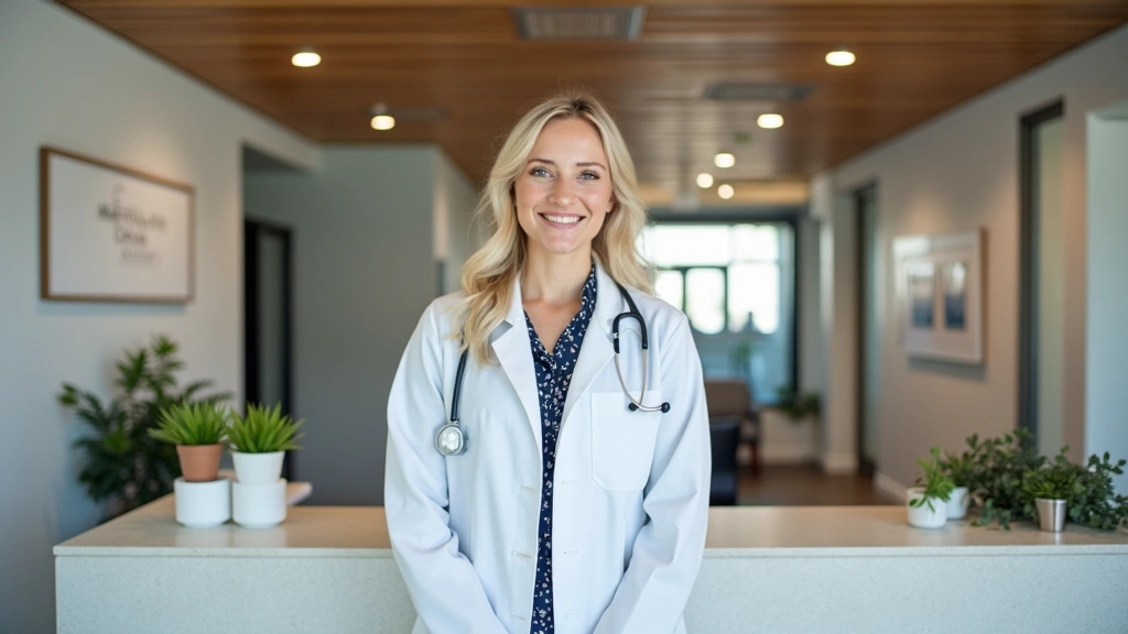 Mental health crisis center reception area with welcoming staff member at desk, modern healthcare facility interior, professi