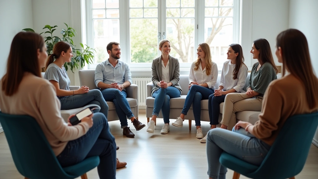 Diverse group therapy session in bright clinical room with licensed counselor facilitating discussion, comfortable seating ar