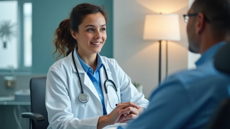 Professional healthcare provider in white coat consulting with patient in modern clinic examination room with medical equipment and warm lighting