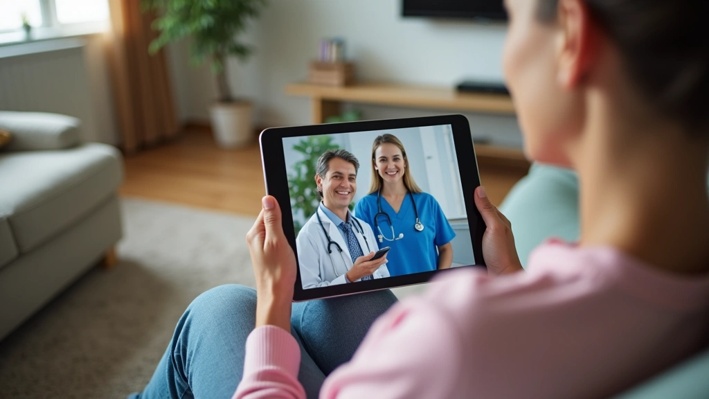 Patient using tablet computer for virtual telehealth video consultation with healthcare provider in comfortable home setting 