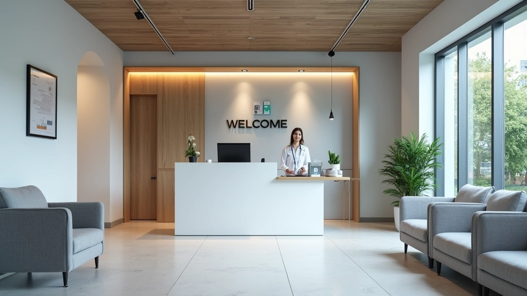 Modern medical clinic reception area with welcoming staff at desk, comfortable waiting area with chairs, and professional hea