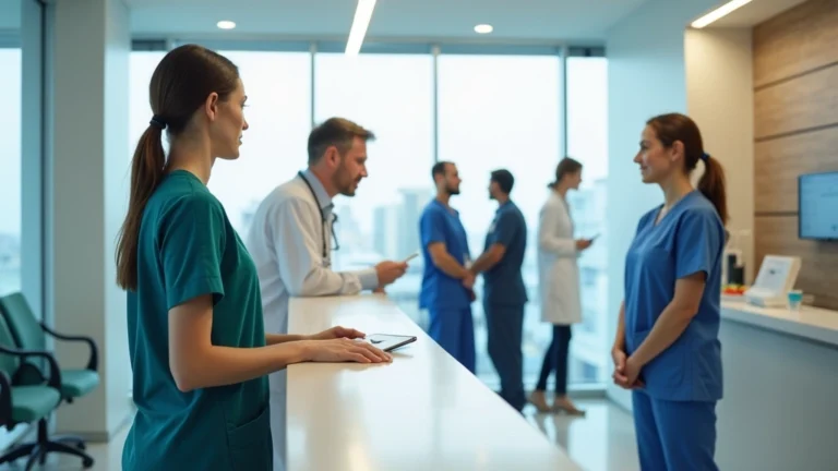 Professional occupational health clinic reception area with medical staff checking in patient, modern healthcare facility, bright natural lighting, diverse team