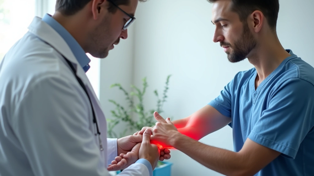 Occupational medicine physician examining workers arm for repetitive strain injury, clinical examination room, professional m