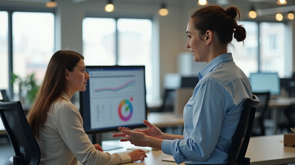 Ergonomic assessment specialist evaluating office workspace setup with employee at desk, workplace injury prevention, modern 