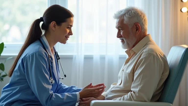 Medical professional conducting health screening at community health clinic, patient sitting in examination chair, bright healthcare facility