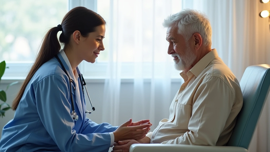 Medical professional conducting health screening at community health clinic, patient sitting in examination chair, bright healthcare facility