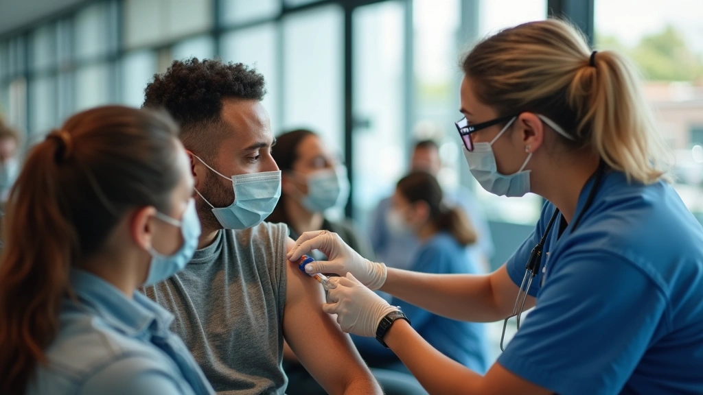 Diverse group receiving vaccinations at public health clinic, nurse administering vaccine, modern health department interior