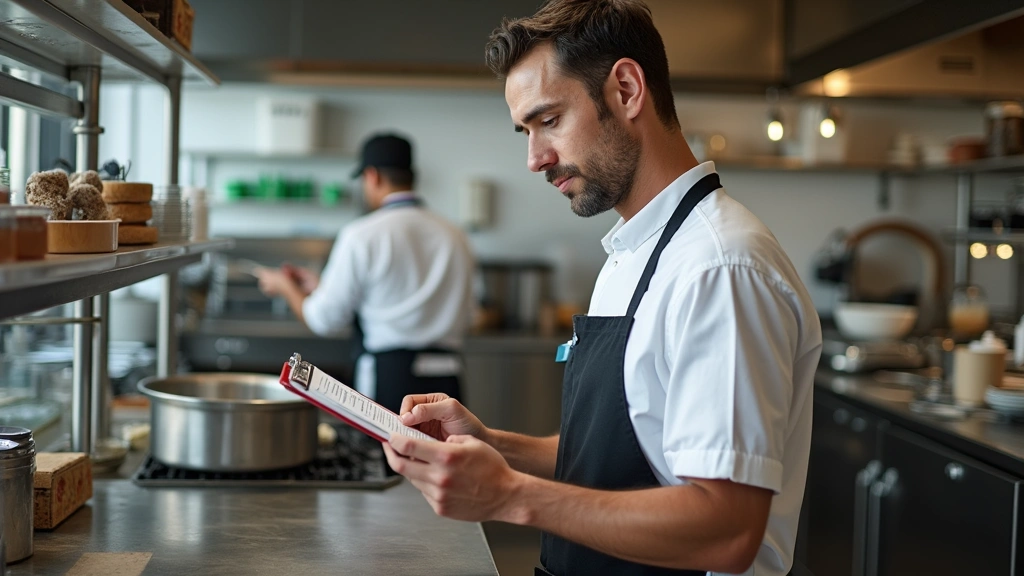 Health inspector examining food preparation area in restaurant kitchen, clipboard and safety equipment visible, professional 