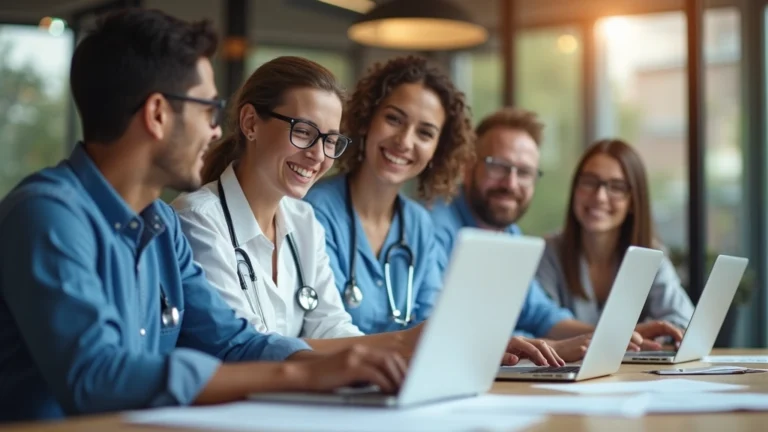 Professional healthcare team in modern office setting collaborating at conference table with laptops and documents, warm lighting, diverse employees smiling
