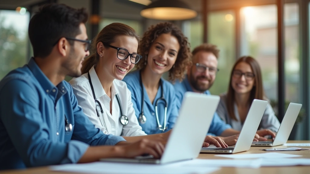 Professional healthcare team in modern office setting collaborating at conference table with laptops and documents, warm lighting, diverse employees smiling