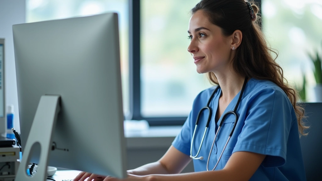 Female nurse coordinator in scrubs reviewing patient files at computer workstation in healthcare office, focused and professi