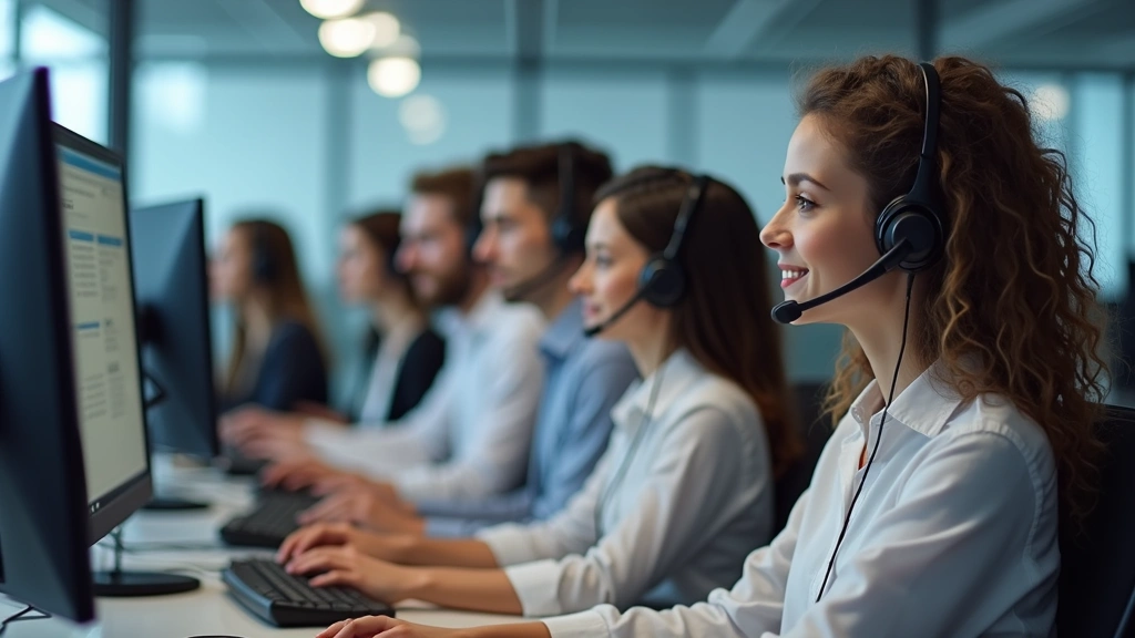 Diverse group of customer service representatives wearing headsets at modern call center workstations with monitors, collabor