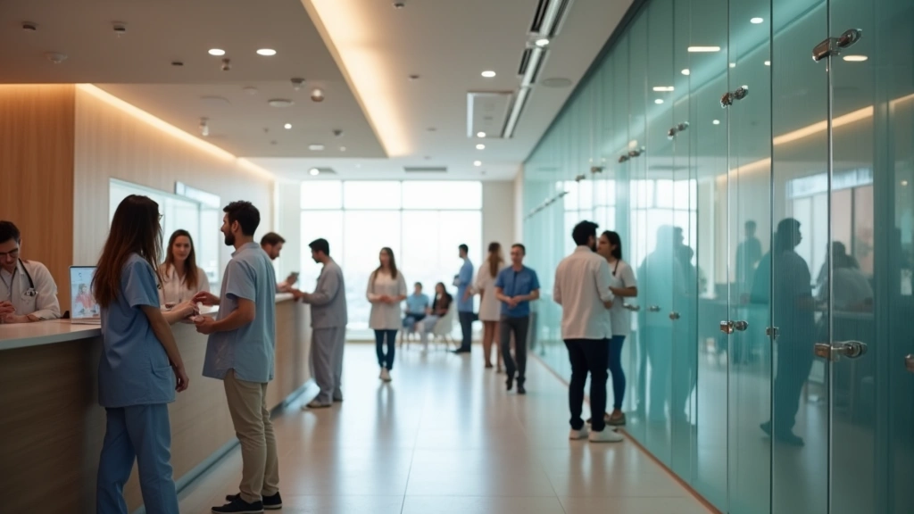 Professional medical office reception area with diverse patients checking in at desk, modern healthcare facility, warm lighting, welcoming environment