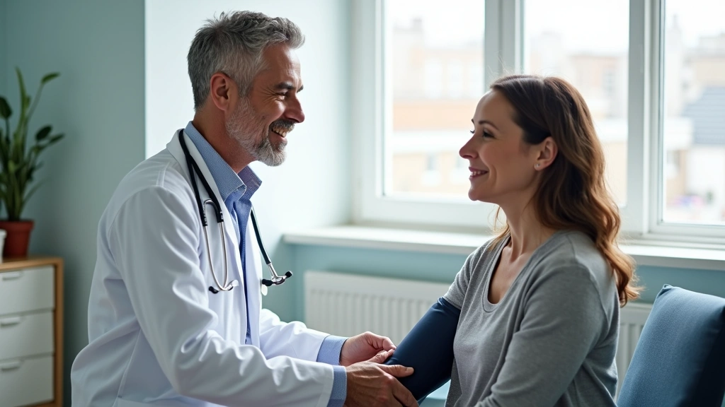 Family medicine doctor conducting preventive health screening with adult patient in clinical examination room, stethoscope an