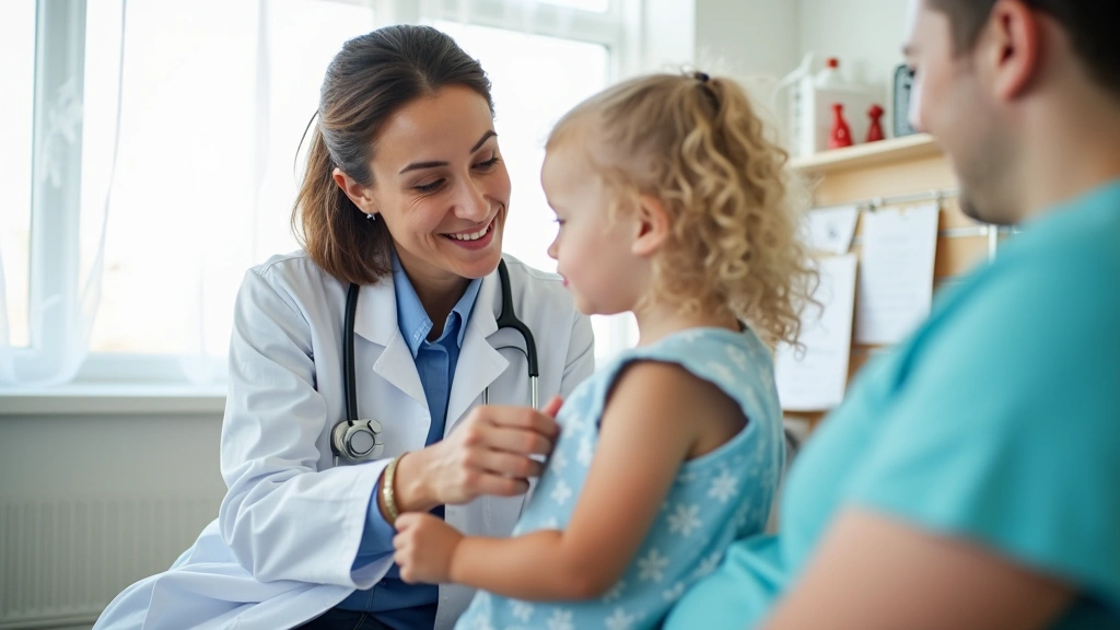 Pediatrician performing routine checkup on young child in bright, child-friendly medical office, parent present, professional