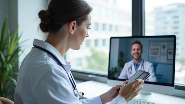 Professional healthcare provider in white coat conducting video consultation on tablet with patient visible on screen in modern medical office