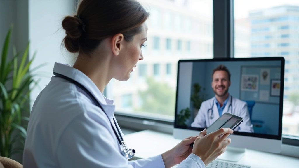 Professional healthcare provider in white coat conducting video consultation on tablet with patient visible on screen in modern medical office