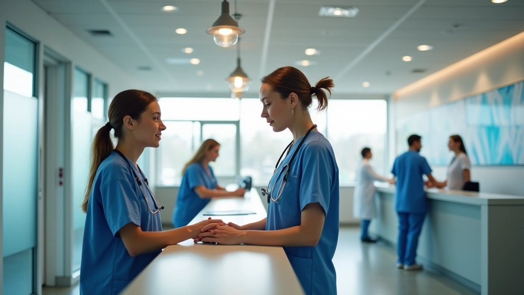 Patient checking in at urgent care reception desk with healthcare staff processing paperwork in bright, welcoming medical fac