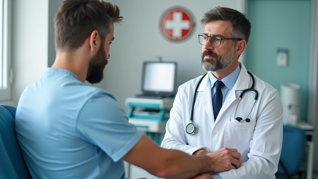 Doctor examining patients injured arm in urgent care center with medical equipment visible in background, professional clinic