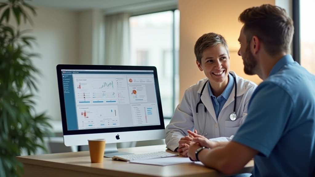 Professional healthcare consultation between patient and doctor in modern clinic with computer and medical charts, warm lighting, Wisconsin setting