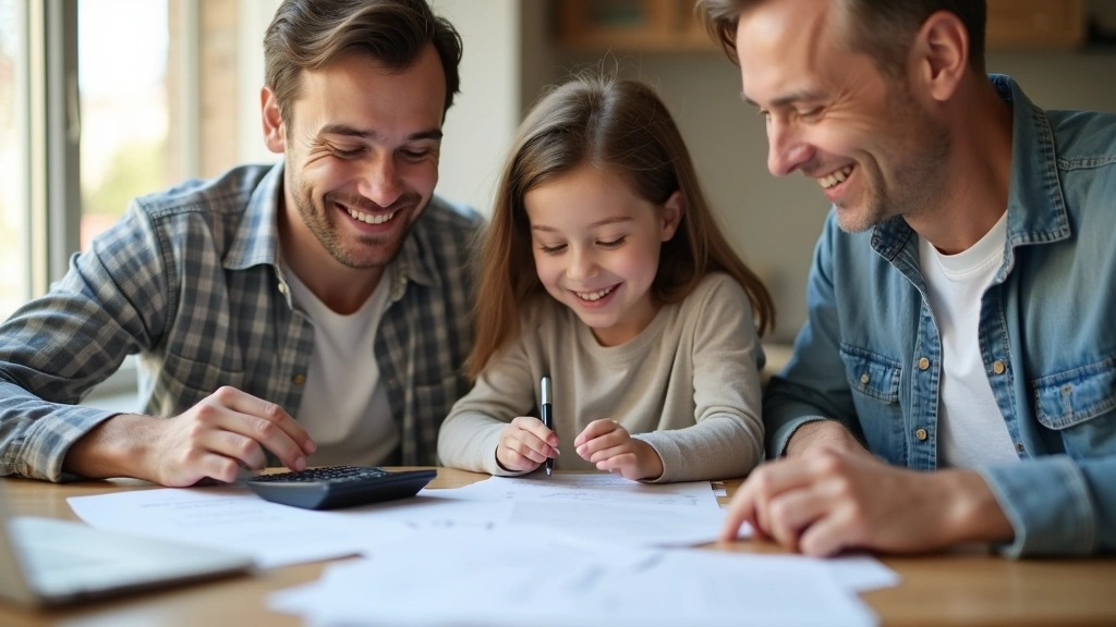 Family reviewing health insurance documents at home table with laptop, smiling, paperwork and calculator visible, natural day