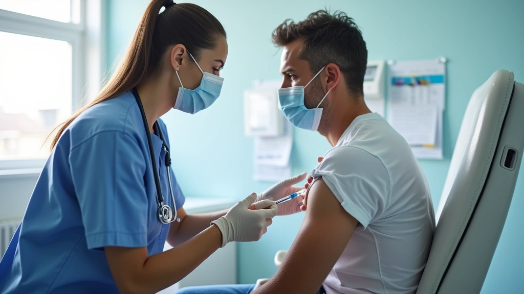 Professional healthcare worker administering vaccine to adult patient in modern medical clinic setting, clean bright room wit
