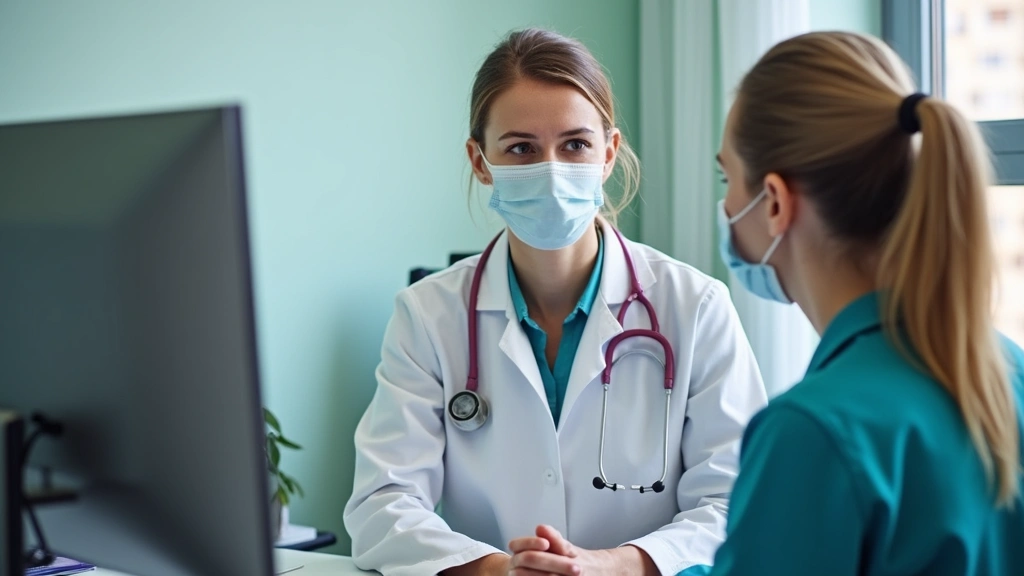 Public health nurse conducting disease surveillance interview with patient in confidential office setting, professional healt