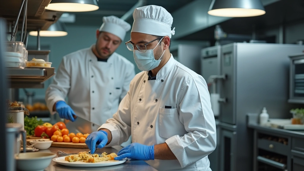 Environmental health inspector examining food preparation area in commercial kitchen, wearing protective equipment, checking