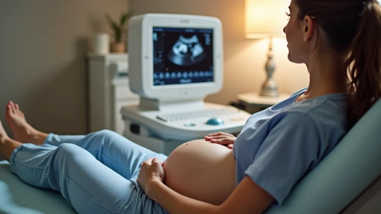 Pregnant woman in doctor's office during ultrasound appointment, healthcare provider performing scan, peaceful clinical setting with warm lighting