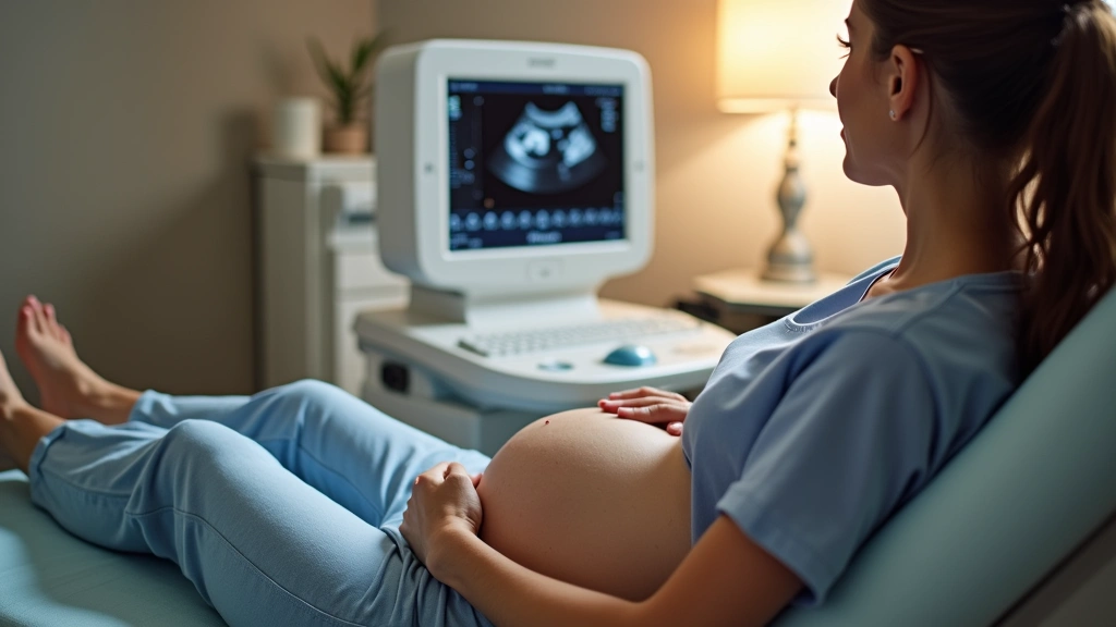 Pregnant woman in doctor's office during ultrasound appointment, healthcare provider performing scan, peaceful clinical setting with warm lighting