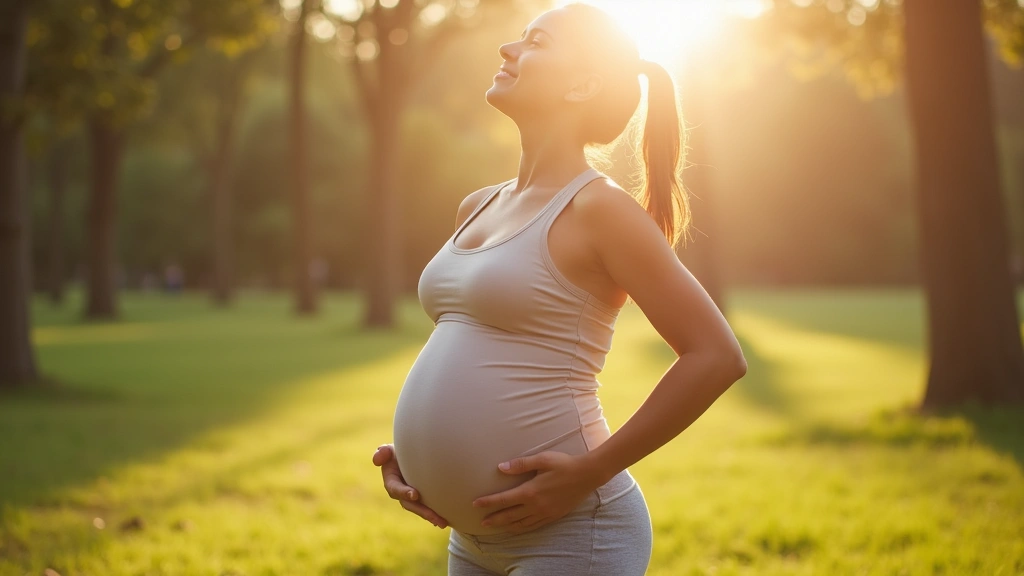 Pregnant woman exercising outdoors, gentle prenatal yoga or walking in park, natural sunlight, calm and healthy environment