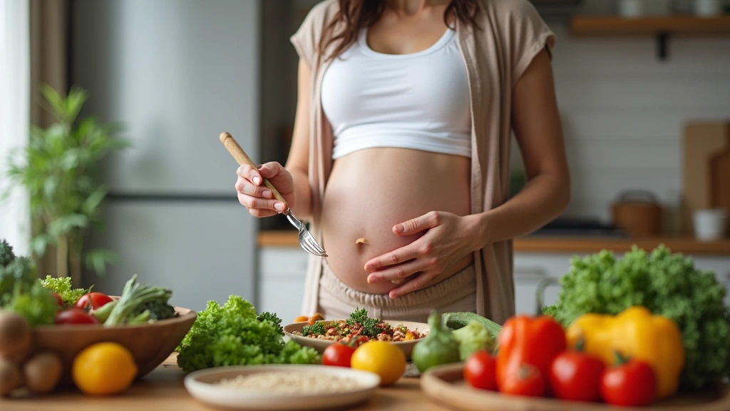 Pregnant woman at home eating healthy meal with vegetables and whole grains, nutritious food preparation, natural kitchen lig