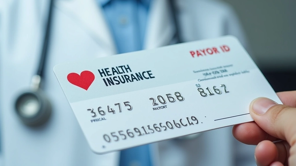 Close-up of a health insurance card showing payor ID in upper right corner, professional medical setting background, clear readable numbers
