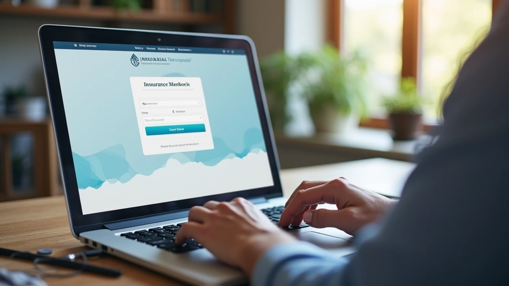 Person logging into insurance member portal on laptop screen, home office environment, secure login interface visible