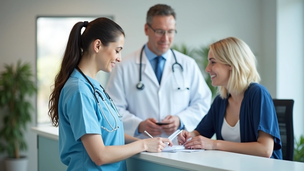 Healthcare provider verifying patient insurance information at clinic reception desk, professional medical office setting