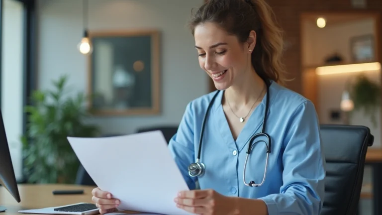 Professional healthcare worker reviewing insurance plan documents at modern clinic desk with computer, warm lighting, patient-focused environment
