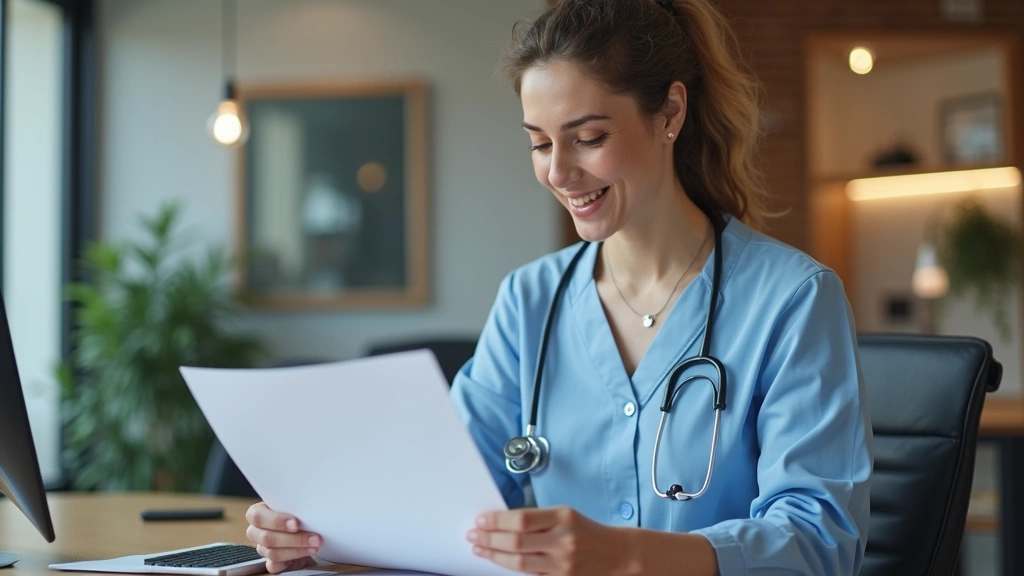 Professional healthcare worker reviewing insurance plan documents at modern clinic desk with computer, warm lighting, patient