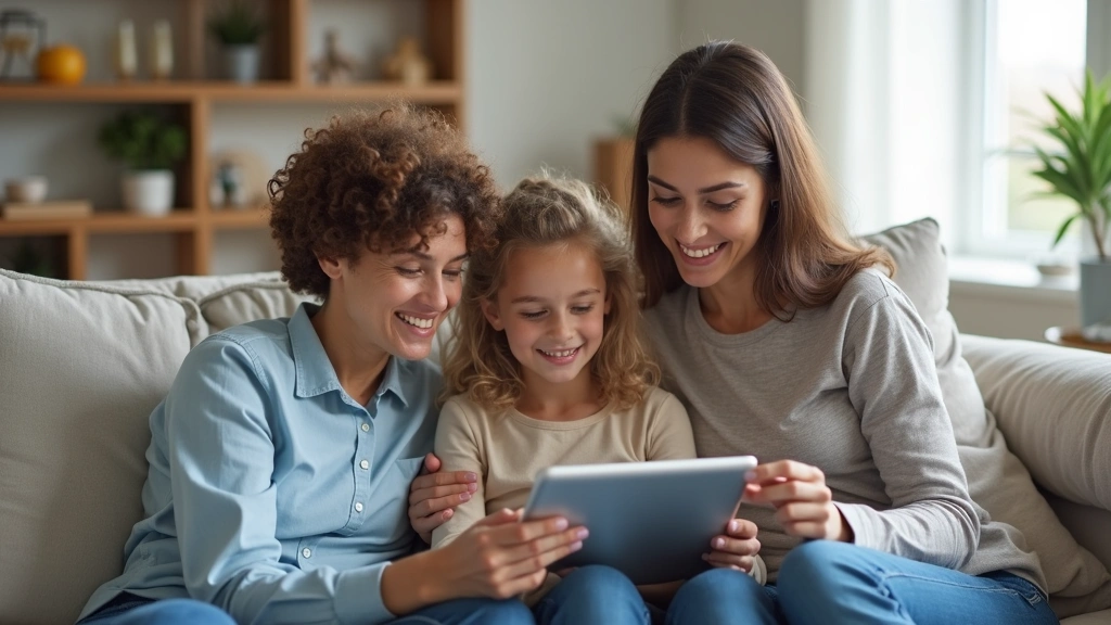 Diverse family reviewing health insurance options on tablet together in bright home setting, planning healthcare coverage dec
