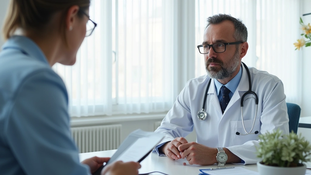 Healthcare provider in white coat consulting with patient in medical office, discussing insurance coverage and treatment opti
