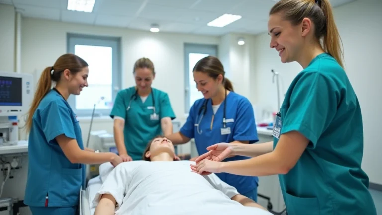 Nursing students in clinical scrubs practicing patient care skills in a modern hospital training lab with medical equipment and realistic patient simulation mannequins